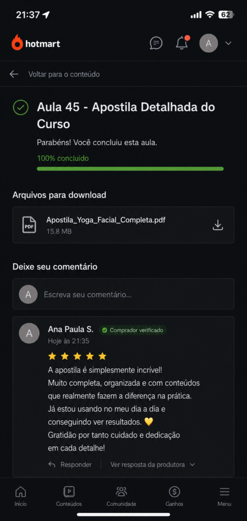 Avaliação na Hotmart sobre apostila do curso