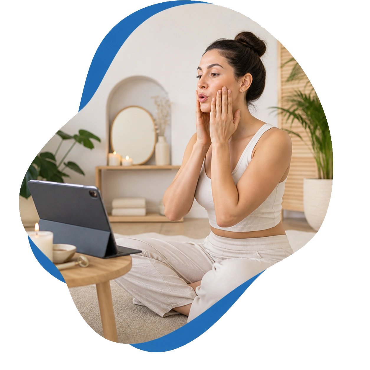 Mulher praticando yoga facial com auxílio de aula online